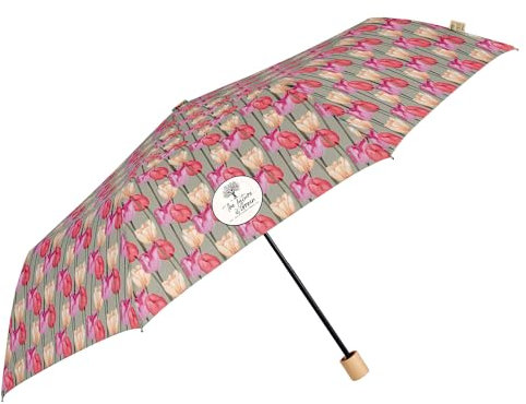 PERLETTI Green Paraguas Plegable Antiviento Ecológico Mujer - Paraguas Mango de Madera Biodegradable Manual - Paraguas Compacto Ligero Eco Sostenible Flores - Diámetro 97 cm (Tulipanes Rosa Fucsia)