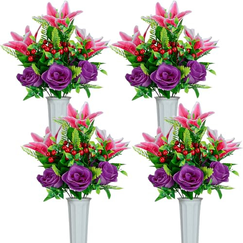 XONOR Artificial Cemetery Flowers for Grave, Set of 4 Artificial Flowers Bouquet Memorial Flowers with Vase for Outdoor Cemetery Headstones Graveyard Gravestone Decoration (Pink&Purple-4Pcs)