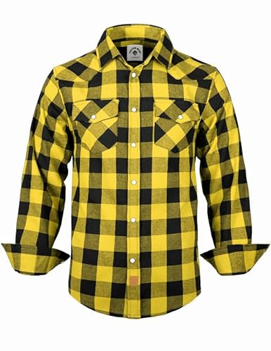 TARAINYA Camisa Franela Hombre Cuadros Western Cowboy Algodón Manga Larga con Botones Presión Regular Fit B Amarilla Negra búfalo L