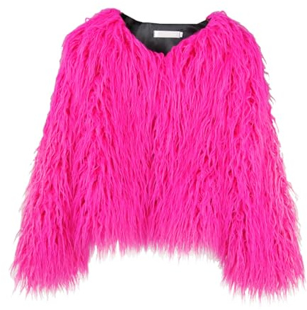 FM2018XSL Manteau en Fausse Fourrure pour Femme Front Ouvert Veste Courte Chaud Hiver Blouson Fête Cocktail Soir,L,Rose Rouge