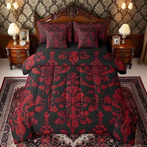 Feelyou Red Black Vintage Damask Floral Comforter Set with Sheets Oriental Antique 7 Piece Bedding Set Twin Size for Kids Boys Girls Gothic Bohemia Floral Bed in a Bag Luxury Flower Bed Set