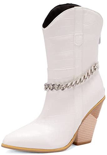 Renessmi Zeppa Donna Stivaletti Appuntito Senza Chiusura High Tacco Chunky Slouch Moda Stivali da Cowboy Footwear Bianco Numero 38 EU-39 Cn