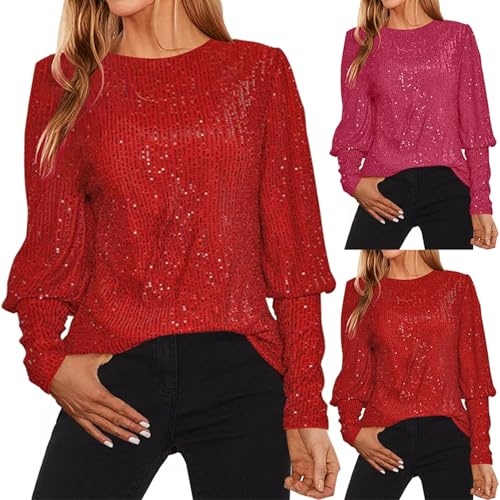 IQYU festliga blusar damer för bröllop stora storlekar glittertoppar party röd paljetttopp långärmad volangblus eleganta damblusar glitterskjorta sexig nyårsafton outfit tunika blus, röd, XL