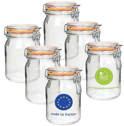 Lot de 6 bocaux de conservation de 1000 ml avec couvercle – En verre à étrier métallique de qualité supérieure avec anneau en caoutchouc, hermétiques, idéaux pour la conservation, la fermentation, les