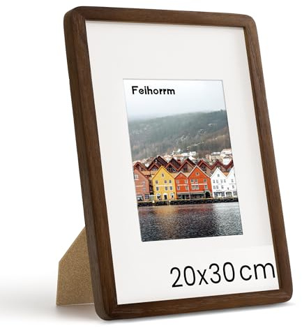 Feihorrm Massivholz Bilderrahmen, Eiche Bilderrahmen, Mit gehärtetem Glas, Für 20x30 cm-Fotos ohne Passepartout oder 15x20 cm-Fotos mit Passepartout (Dunkel Braun, 20x30 cm/ 1x)