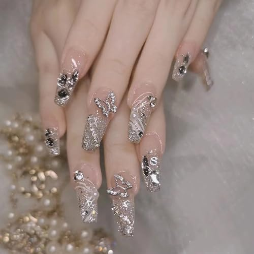 SanFangyue 24 Pezzi Unghie Finte Lunghe, French con Farfalle e Camelie – Unghie Artificiali Adesive in Acrilico, Press-on Nails per Manicure Elegante
