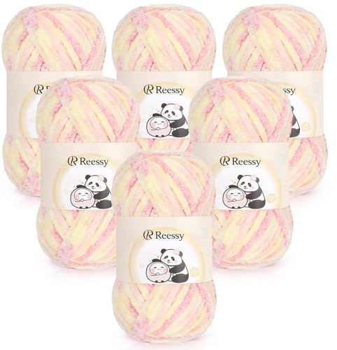 Reessy Chenille Yarn 600g, Macaron Chunky Chenille Yarn for Crochet | Super Soft Fluffy Velvet Yarn, Thick Yarn Ombre Knitting Wool for Crochet Colorful Blanket, Amigurumi, Handbag, DIY Crafts