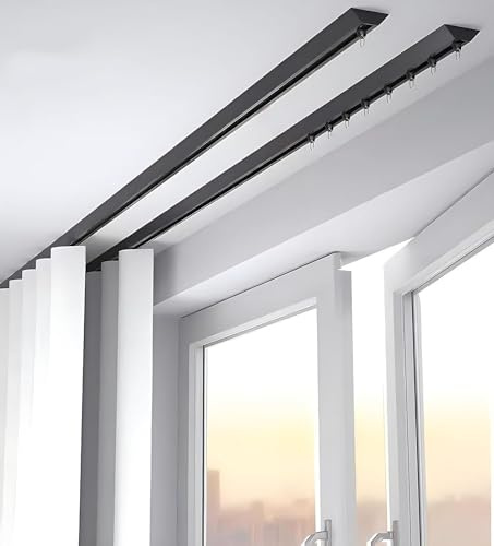 Soporte de techo de doble riel de cortina – 5 pies, 8 pies, 16 pies y 26 pies, riel de cortina negro ajustable para cortinas resistentes, deslizamiento suave, fácil instalación, perfecto para