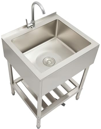 25x22 Inch Single Bowl Commercial Utility Sink with Faucet - 304 Stainless Steel Heavy Duty Laundry Tub for Kitchen/Garage, Brushed Finish & Storage Shelf