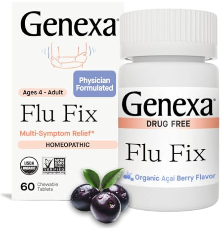 Genexa Flu Fix | Multi-Symptom Flu Remedy for Kids & Adults | Relieves Aches, Fever, Congestion | Acai Berry Flavor | Organic & Non-GMO | Homeopathic Remedy Made Clean | 60 Chewable Tablets, Ages 4+​
