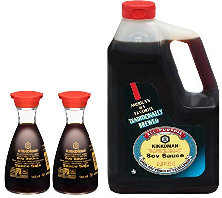 Soy Sauce Budnle with Two Dispensers 5 fl oz and 64 Ounce Bottle (0.5 Gallon) - with Make Your Day Mini Bamboo Spatula or Basting Brush