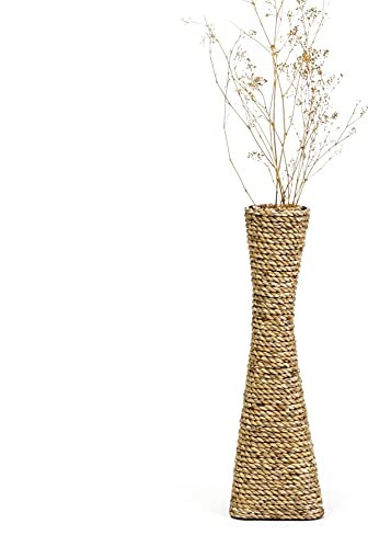 Leewadee Large Wicker Floor Vase – Handmade Flower Holder Made of Bamboo and Bast, Sophisticated Funnel Vessel for Decorative Branches, 40 cm, Ecru