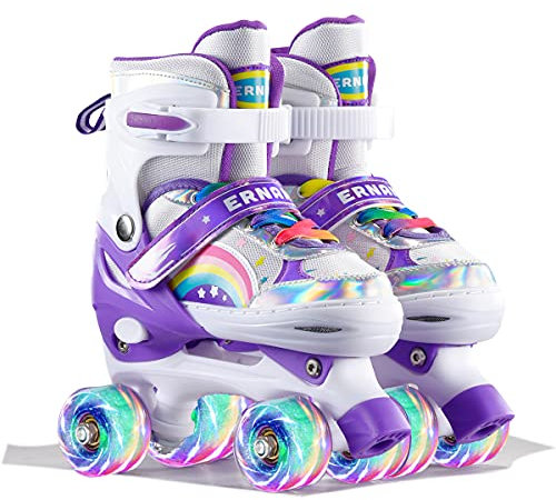 Sumeber Verstellbar Rollschuhe für Kinder,mit Leuchtenden Rädern Roller Skates Bequem und atmungsaktiv Quad Skates für Mädchen Rosa (Lila-M)…