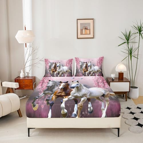 Boys Horse Bed Sheet Set Cherry Blossom Branches Steed Kids Bedding Sheets for Girls Teens Galloping Horse Bedding Fitted Sheet 3D Wild Animal Decor Bed Cover Bedroom Collection 3Pcs Full Size