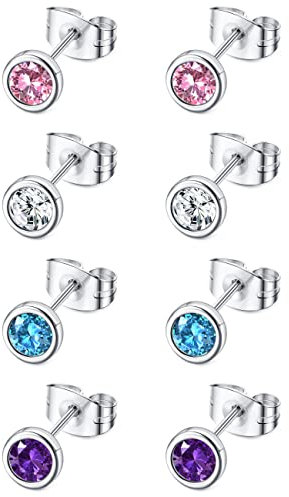YADOCA 4 Paar Chirurgenstahl Ohrstecker für Damen Herren Mädchen Bunt Zirkonia Hypoallergen Ohrpiercings Kleiner Knorpel Tragus Ohrringe Silber Ohrstecker Set 4mm