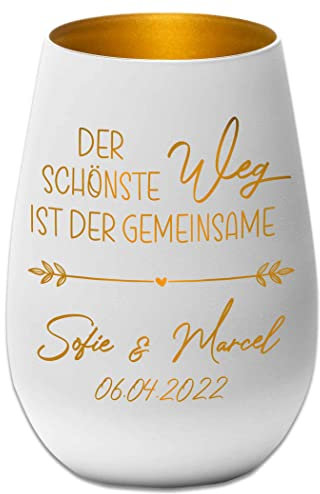 Hochzeitsgeschenk - Windlicht - Der schönste Weg ist der gemeinsame - Weiß/Gold - personalisierbar - Gravur Namen und Datum - Liebe - Valentinstag - Jahrestag
