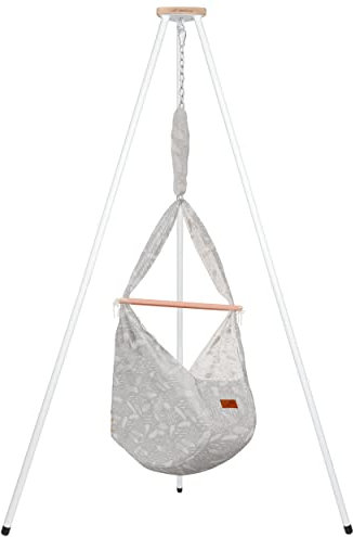 SCHMUSEWOLKE Federwiege - Set mit weißem Tipi-Gestell - Hängematte für Babys und Kleinkinder ab Geburt bis 3 Jahre - Bio-Baumwolle - Dreamcatcher WarmGrey