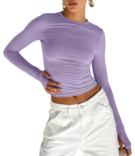 Maglietta a Manica Lunga Donna Sexy Maglietta a Maniche Lunghe con Fori per i Pollici Ragazza Crop Top in Pizzo Ragazza Top Solido Taglio Slim Ragazza Shirt Elegante (Viola, S)