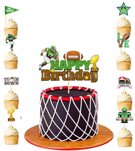 MiaLover Rugby Cake Decoration Set - 1 Large Happy Birthday Topper and 24 Themed Toppers for Kids' Party Cupcakes and Muffins