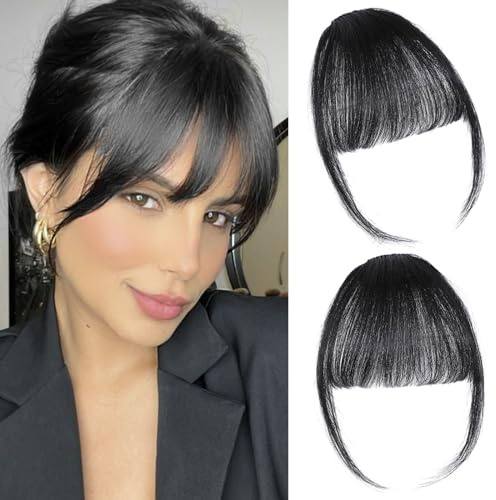 Clip in Bangs 100% Real Human Hair Extensions Wispy Natural Black Fake Bangs Hair Clip on bangs for women Fringe with Temples Hairpieces Faux Bangs for Daily Wear