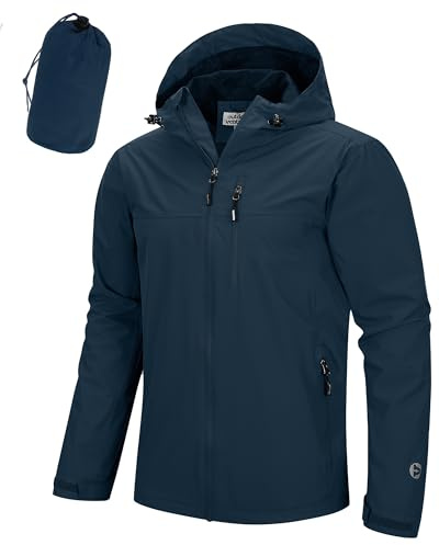 Outdoor Ventures Men's Lightweight Waterproof Jacket Windproof Rain Coats Pack Away Hooded Jackets Windbreaker for Camping Fishing Running Dark Blue 2XL