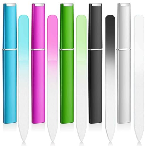 Qianyu 5 Stück Glasnagelfeile Mit Etui Doppelseitig Glasfeile Kristall Nagelfeilen Nano Nagelglanz Glasfeile Premium Nagelfeile Set Professionelle Maniküre Tool für Acryl und Naturnägel Frauen Mädchen