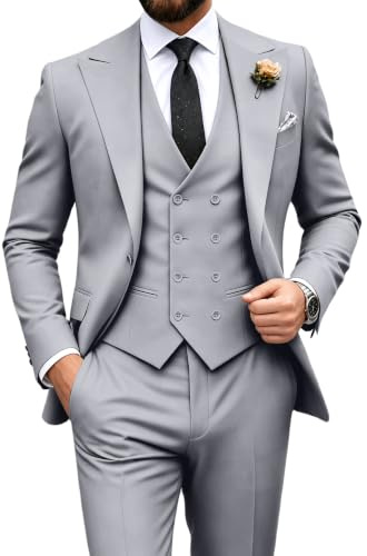 Traje para hombre, set de 3 piezas, corte entallado, doble botonadura, formal, esmoquin, informal, bodas, bailes de fin de curso, trajes de novio, Gris, X-Large