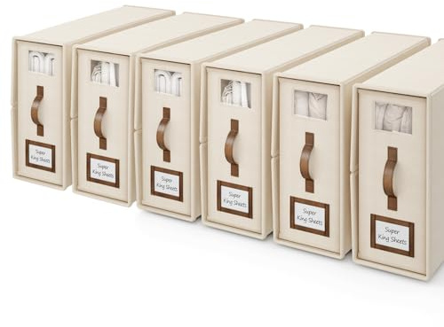BigPonPon 6 Pack Bed Sheets Organizers And Storage,Sheets Set Folder Keeper with Handle,Foldable Bedding Storage Box For Linen Closet,Duvet Cover(Cal King Size-5.2 Gal,Beige)