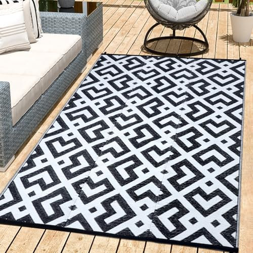 TUKDAK Outdoor Rug for Patios Waterproof 120×180 cm, Black UV Resistant Recycled Plastic Mat for Garden, Reversible Large Balcony Carpet, Lightweight Indoor&Outdoor Rugs for Beach Camping RV Patio