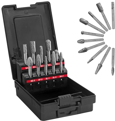 JUSTOOL 10PC Carbide Burr Set 1/4 Shank Double Cut Die Grinder Bits Tungsten Rotary Cutting Burrs Carbide Drill Bit Set for Milling, Carving, Engraving, Deburring, Drilling, Hard Wood and Metals