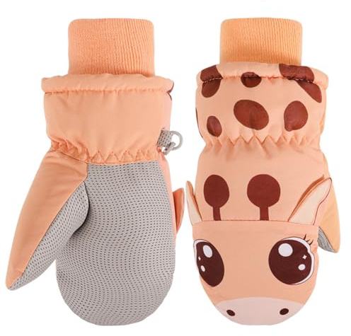 Jupsk Guantes de Invierno para Niños, Manopla de Esquí Impermeable Térmicos Mitones Guantes Snowboard Gloves para Niños y Niñas 6-8 Años, Jirafa