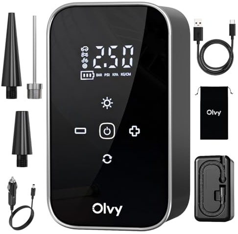 Olvy Compresseur d'air portable - Gonfleur de pneus sans fil 12V - Batterie rechargeable 6000 mAh - Écran numérique - Arrêt automatique - Lampe LED - Pour voiture, vélo, moto, ballon et matelas gonfla