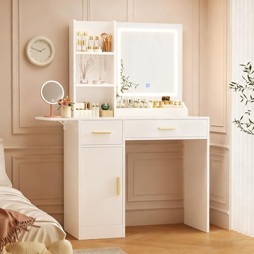 SOLCRESTIA Coiffeuse avec Éclairage Hollywood, 3 Tiroirs, Étagères Amovibles, Miroir Convertible, Bois Massif, 105x40x85 cm (M100CM)