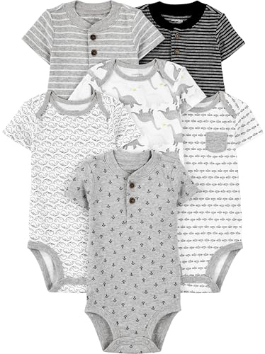 Simple Joys by Carter's Body de Manga Corta Bebé Niño, Pack de 6, Multicolor/Ancla/Ballena/Dinosaurio/Rayas, 0 meses