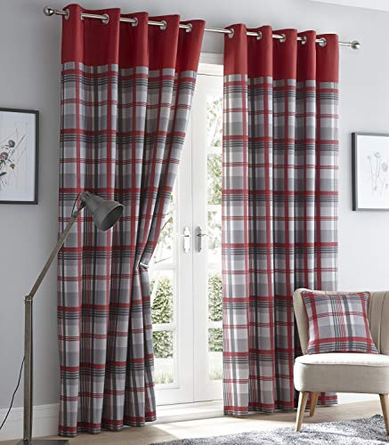 Portfolio Orleans Check Striped Fully Lined Eyelet Ring Top Curtains - Red Grey 46 Wide x 54 Drop