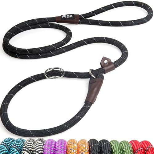 Fida Durable Slip Lead Dog Leash, 6 FT x 1/2 Heavy Duty Dog Loop Leashes, Comfortable Strong Rope Slip Leash for Large Medium Dogs, No Pull Pet Training Lead with Highly Reflective(1/2, Black)