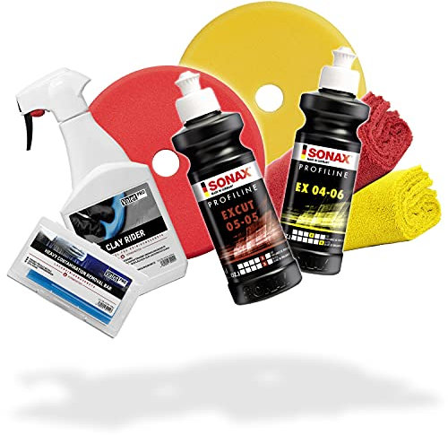 detailmate Auto Politur Set: SONAX Profiline Polituren 2X 250 ml + SONAX Polierpads + ValetPRO Clay Rider 500 ml + Reinigunsknete + Zubehör