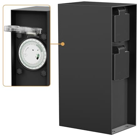 ledscom.de Garten Colonne de Prises de Courant POMI pour l'extérieur, IP44, minuterie/commutateur horaire, 2 Fois, Acier Inoxydable, Noir, rectangulaire, 23 cm