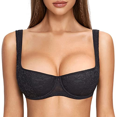 DOBREVA Women's Push Up Bra Balconette Lightly Padded | Half Cup, Lace, Underwire, Supportive, Wide Adjustable Straps
