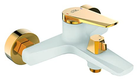 ADGO Rubio Wannenarmatur, Wandarmatur, Badewannenarmatur, ohne Brausegarnitur, Aufputz, Badarmaturen, Einhand-Brausebatterie, Wandmontage, Wasserhahn für Badewanne, Mischbatterie (Weiß/Gold)