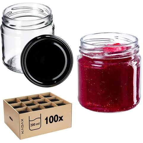 KADAX Lot de 100 bocaux 200 ml avec couvercles à vis Ø 66 mm – bocaux à dessert à parois épaisses, hermétiques, lavables au lave-vaisselle, idéaux pour les confitures et conserves