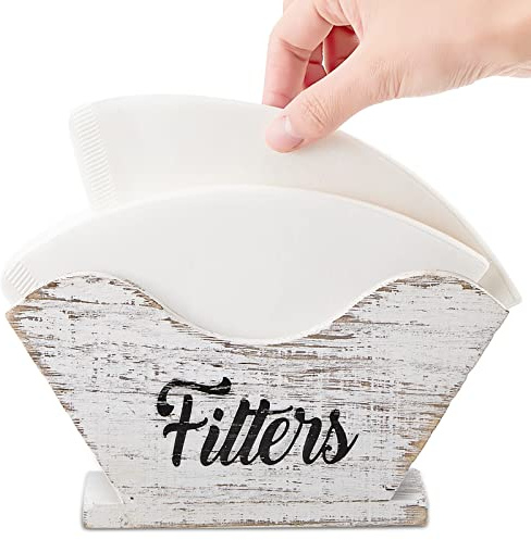 Juexica Farmhouse Cone Coffee Filter Holder Storage number 4 Rustic Wood Holder Organizer Counter Mount for Square Cone Shaped Flat Bottomed Paper(White)
