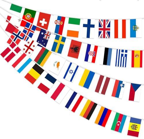 AhfuLife 1pcs Pancartas Fiestas Eurovisión, Decoración de Concurso de Canto de Eurovisión, Decoración de Fiesta con Bandera Europea con Tela de Doble Cara de 37 Países, Decoración de Jardines y Bares