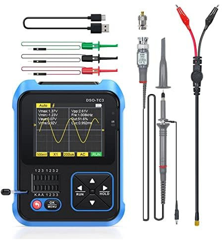 DSO-TC3 Oscilloscope, 3 in 1 Handheld Digital Oscilloscope LCR DDS Signal Generator & Transistor Tester, 500Khz Bandwidth 10MSa/s Sampling Rate, 6 Types of Waveforms