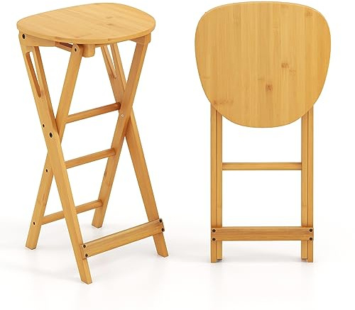 HOMASIS Lot de 2 tabourets de Bar Pliables en Bambou,Tabouret Haut avec 3 Repose-Pieds,Chaise de Salle à Manger Portable pour Salon - sans Installation - Charge maximale : 150 kg - 36 x 33 x 64 cm