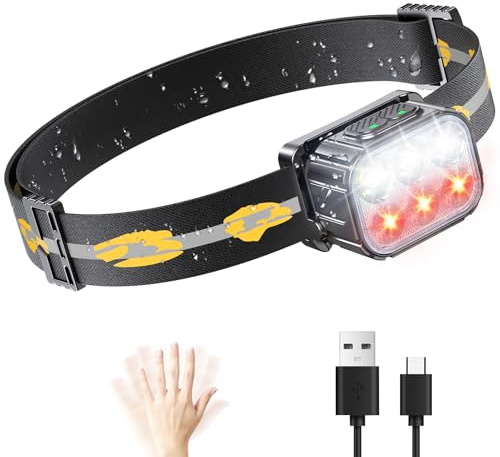 EOIWUY Torcia Frontale LED Ricaricabile, Lampada Frontale Potente Impermeabile IP65 con Luce Rossa, 6 Modalità & Durata Batteria 36H Luce Torcia Testa