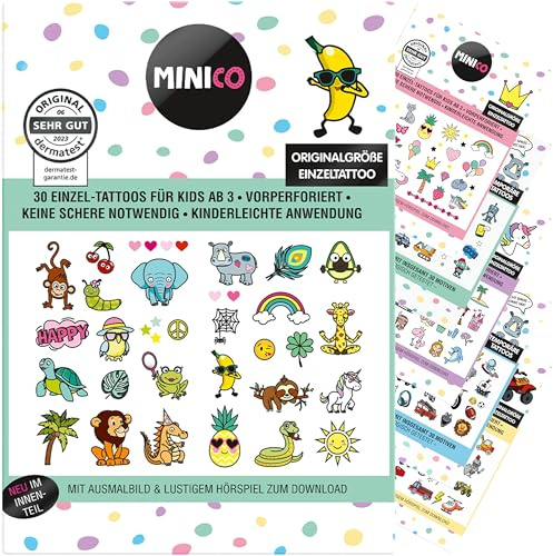 MINICO Premium Kinder Tattoo Set, dermatologisch getestet [dermatest® / Juni 2023], temporär, perforiert, hautfreundlich, leicht entfernbar, für Mädchen u. Jungs, Jungen, 30 Motive