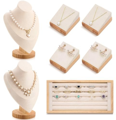 RattanView 7 Pcs Jewelry Display Set for Vendors Velvet Necklace Bust Display Stand Earring Ring Organizer for Craft Shows, Trunk Shows(Beige)