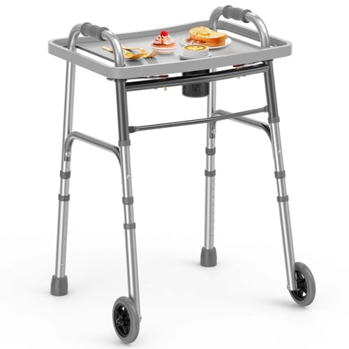 Loyoda Folding Walker with Tray, 5 Wheels Lightweight Walkers for Seniors and Adults, Supports Up to 350 Pounds, Adjustable Height, Compact Standard Walker, Silver