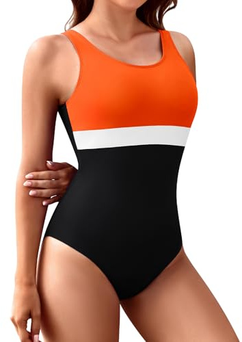 FemiChic Sport Badeanzug Damen Shape Badeanzüge mit Cups Bauchweg Schwimmanzug Sexy Einteilige Chlorbeständig Swimsuit für Wassersport Strandmode(Orange,S)